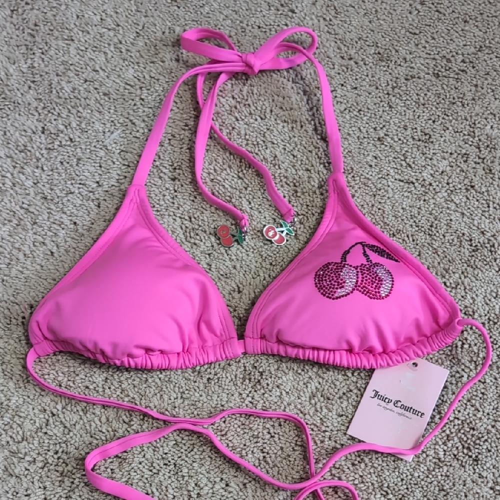 Juicy Couture Bright Pink Bikini Top with Cherry Embellishment